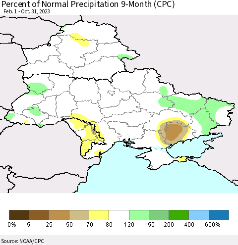 Ukraine, Moldova and Belarus Percent of Normal Precipitation 9-Month (CPC) Thematic Map For 2/1/2023 - 10/31/2023
