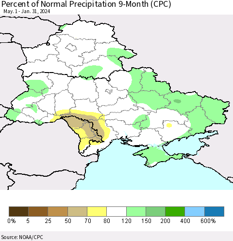 Ukraine, Moldova and Belarus Percent of Normal Precipitation 9-Month (CPC) Thematic Map For 5/1/2023 - 1/31/2024
