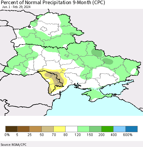 Ukraine, Moldova and Belarus Percent of Normal Precipitation 9-Month (CPC) Thematic Map For 6/1/2023 - 2/29/2024