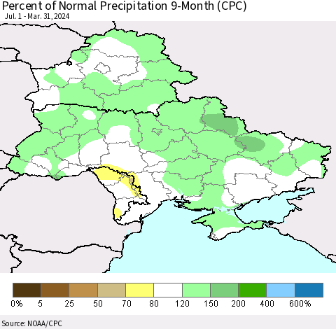 Ukraine, Moldova and Belarus Percent of Normal Precipitation 9-Month (CPC) Thematic Map For 7/1/2023 - 3/31/2024