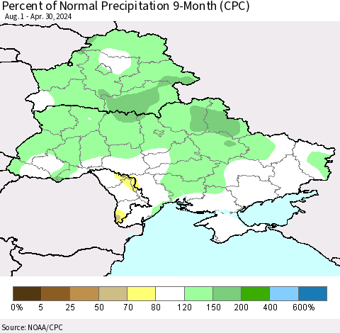 Ukraine, Moldova and Belarus Percent of Normal Precipitation 9-Month (CPC) Thematic Map For 8/1/2023 - 4/30/2024
