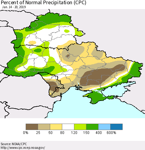 Ukraine, Moldova and Belarus Percent of Normal Precipitation (CPC) Thematic Map For 1/14/2019 - 1/20/2019