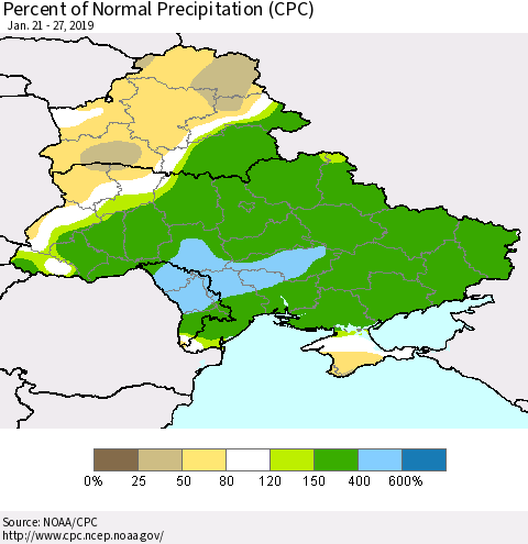 Ukraine, Moldova and Belarus Percent of Normal Precipitation (CPC) Thematic Map For 1/21/2019 - 1/27/2019