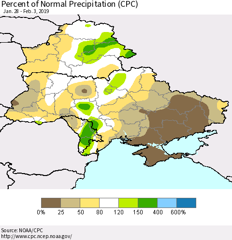 Ukraine, Moldova and Belarus Percent of Normal Precipitation (CPC) Thematic Map For 1/28/2019 - 2/3/2019