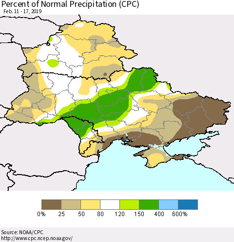 Ukraine, Moldova and Belarus Percent of Normal Precipitation (CPC) Thematic Map For 2/11/2019 - 2/17/2019