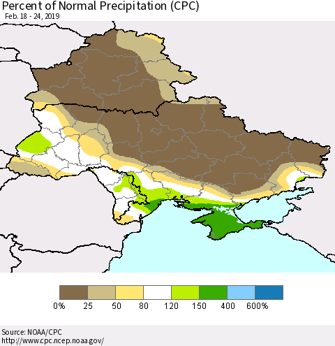Ukraine, Moldova and Belarus Percent of Normal Precipitation (CPC) Thematic Map For 2/18/2019 - 2/24/2019