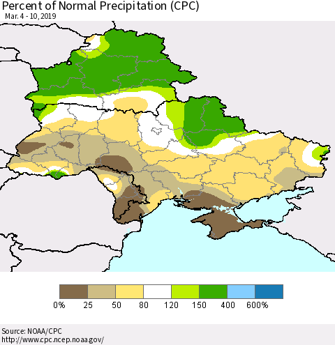 Ukraine, Moldova and Belarus Percent of Normal Precipitation (CPC) Thematic Map For 3/4/2019 - 3/10/2019