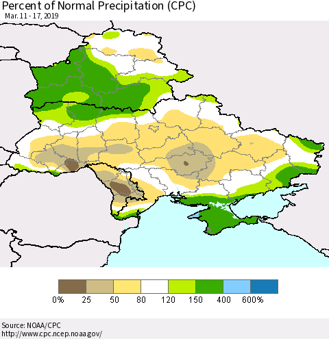 Ukraine, Moldova and Belarus Percent of Normal Precipitation (CPC) Thematic Map For 3/11/2019 - 3/17/2019