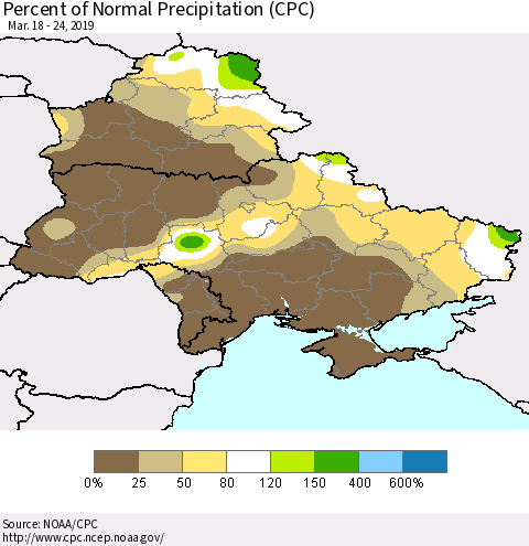 Ukraine, Moldova and Belarus Percent of Normal Precipitation (CPC) Thematic Map For 3/18/2019 - 3/24/2019