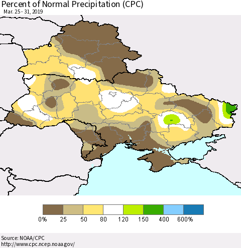 Ukraine, Moldova and Belarus Percent of Normal Precipitation (CPC) Thematic Map For 3/25/2019 - 3/31/2019