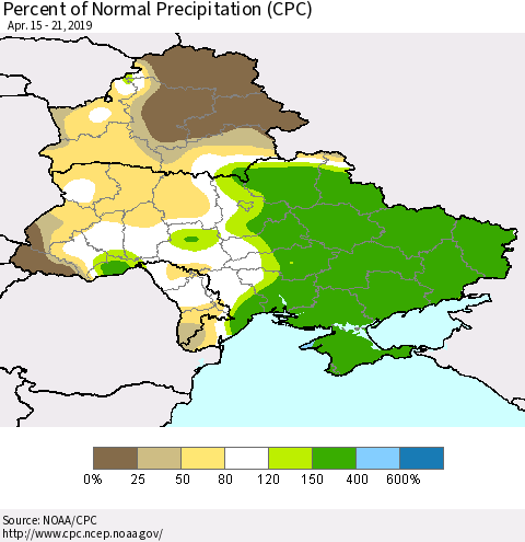 Ukraine, Moldova and Belarus Percent of Normal Precipitation (CPC) Thematic Map For 4/15/2019 - 4/21/2019