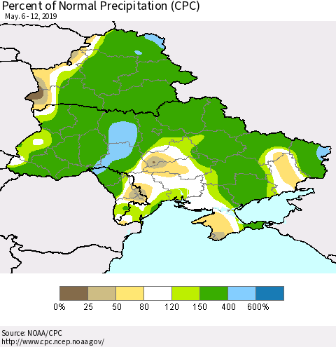 Ukraine, Moldova and Belarus Percent of Normal Precipitation (CPC) Thematic Map For 5/6/2019 - 5/12/2019