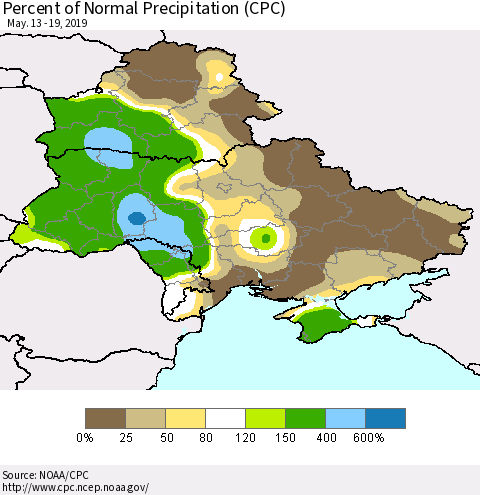 Ukraine, Moldova and Belarus Percent of Normal Precipitation (CPC) Thematic Map For 5/13/2019 - 5/19/2019