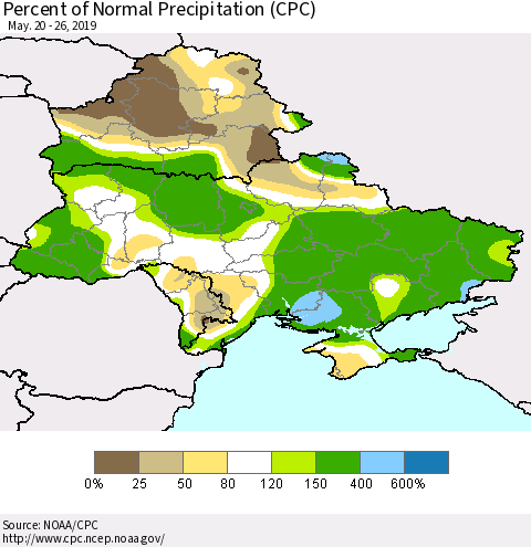 Ukraine, Moldova and Belarus Percent of Normal Precipitation (CPC) Thematic Map For 5/20/2019 - 5/26/2019
