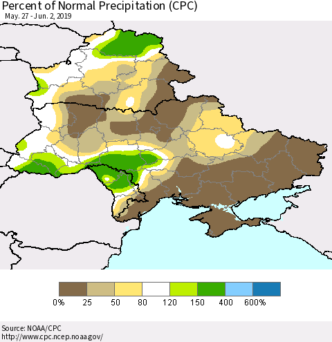 Ukraine, Moldova and Belarus Percent of Normal Precipitation (CPC) Thematic Map For 5/27/2019 - 6/2/2019