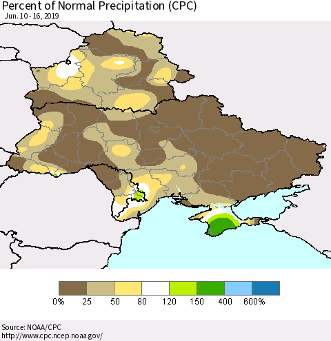 Ukraine, Moldova and Belarus Percent of Normal Precipitation (CPC) Thematic Map For 6/10/2019 - 6/16/2019