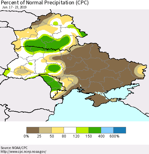 Ukraine, Moldova and Belarus Percent of Normal Precipitation (CPC) Thematic Map For 6/17/2019 - 6/23/2019