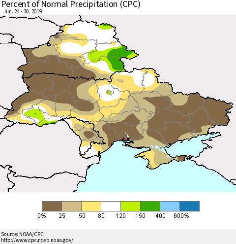 Ukraine, Moldova and Belarus Percent of Normal Precipitation (CPC) Thematic Map For 6/24/2019 - 6/30/2019