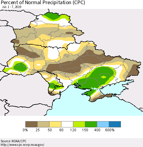 Ukraine, Moldova and Belarus Percent of Normal Precipitation (CPC) Thematic Map For 7/1/2019 - 7/7/2019