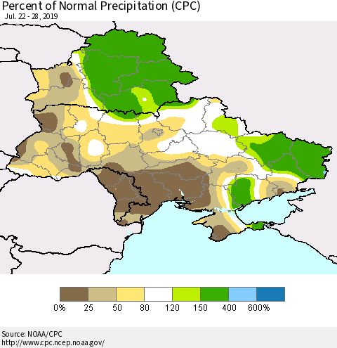 Ukraine, Moldova and Belarus Percent of Normal Precipitation (CPC) Thematic Map For 7/22/2019 - 7/28/2019