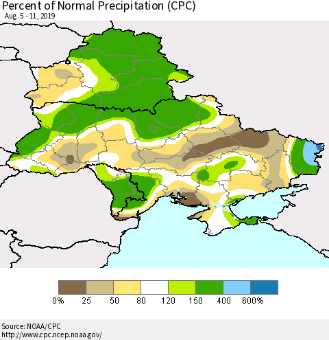 Ukraine, Moldova and Belarus Percent of Normal Precipitation (CPC) Thematic Map For 8/5/2019 - 8/11/2019
