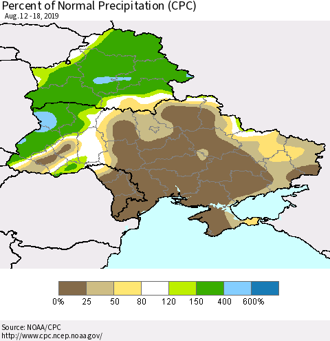 Ukraine, Moldova and Belarus Percent of Normal Precipitation (CPC) Thematic Map For 8/12/2019 - 8/18/2019