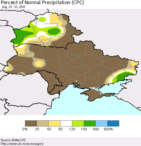 Ukraine, Moldova and Belarus Percent of Normal Precipitation (CPC) Thematic Map For 8/19/2019 - 8/25/2019