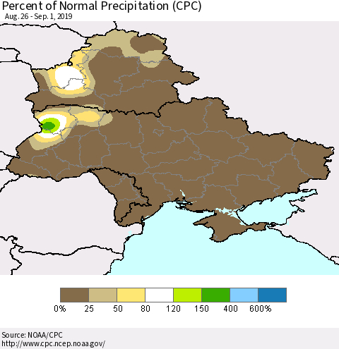 Ukraine, Moldova and Belarus Percent of Normal Precipitation (CPC) Thematic Map For 8/26/2019 - 9/1/2019