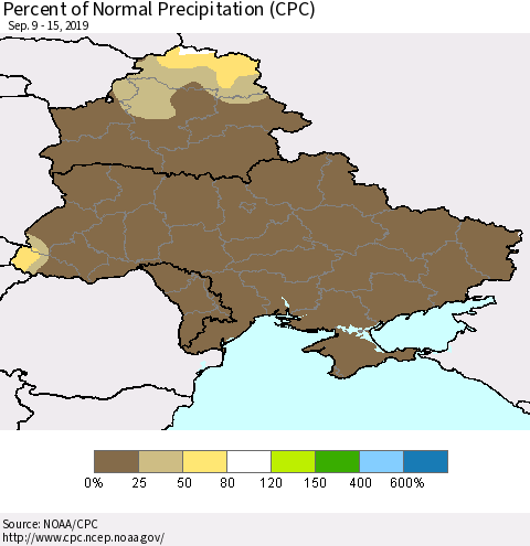 Ukraine, Moldova and Belarus Percent of Normal Precipitation (CPC) Thematic Map For 9/9/2019 - 9/15/2019