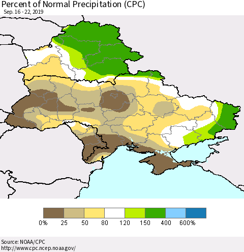 Ukraine, Moldova and Belarus Percent of Normal Precipitation (CPC) Thematic Map For 9/16/2019 - 9/22/2019