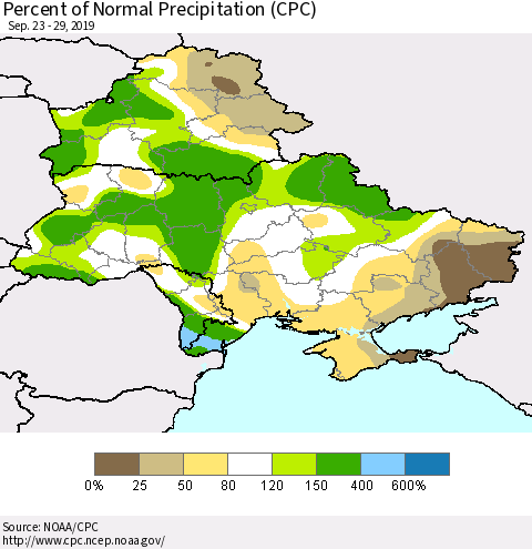 Ukraine, Moldova and Belarus Percent of Normal Precipitation (CPC) Thematic Map For 9/23/2019 - 9/29/2019