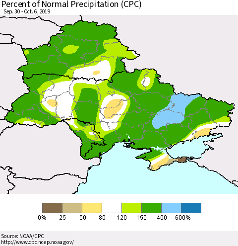Ukraine, Moldova and Belarus Percent of Normal Precipitation (CPC) Thematic Map For 9/30/2019 - 10/6/2019