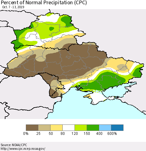 Ukraine, Moldova and Belarus Percent of Normal Precipitation (CPC) Thematic Map For 10/7/2019 - 10/13/2019