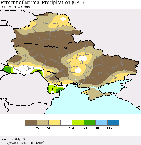 Ukraine, Moldova and Belarus Percent of Normal Precipitation (CPC) Thematic Map For 10/28/2019 - 11/3/2019