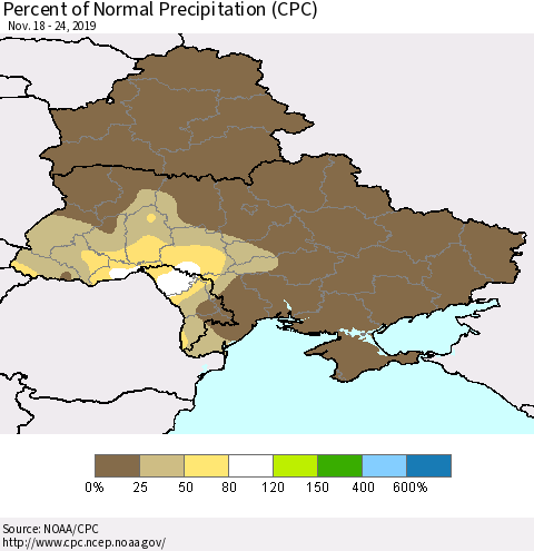 Ukraine, Moldova and Belarus Percent of Normal Precipitation (CPC) Thematic Map For 11/18/2019 - 11/24/2019