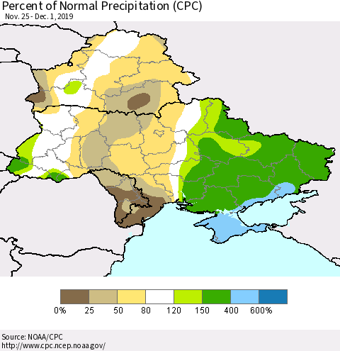 Ukraine, Moldova and Belarus Percent of Normal Precipitation (CPC) Thematic Map For 11/25/2019 - 12/1/2019