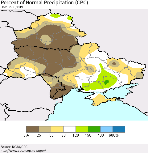 Ukraine, Moldova and Belarus Percent of Normal Precipitation (CPC) Thematic Map For 12/2/2019 - 12/8/2019