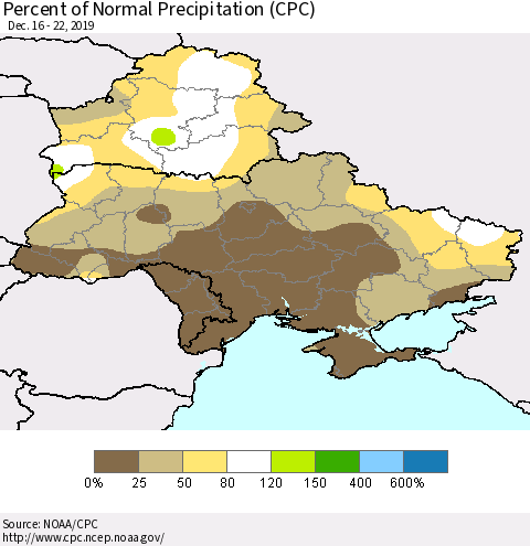 Ukraine, Moldova and Belarus Percent of Normal Precipitation (CPC) Thematic Map For 12/16/2019 - 12/22/2019