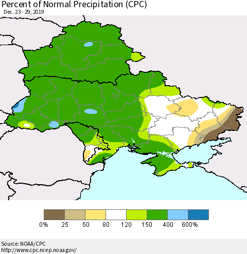 Ukraine, Moldova and Belarus Percent of Normal Precipitation (CPC) Thematic Map For 12/23/2019 - 12/29/2019