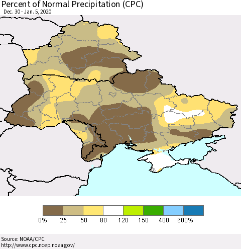 Ukraine, Moldova and Belarus Percent of Normal Precipitation (CPC) Thematic Map For 12/30/2019 - 1/5/2020