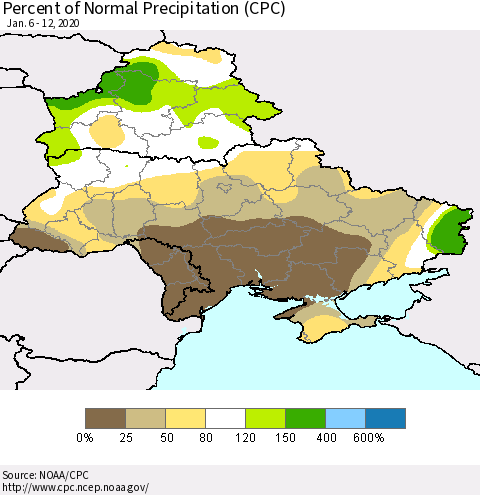 Ukraine, Moldova and Belarus Percent of Normal Precipitation (CPC) Thematic Map For 1/6/2020 - 1/12/2020