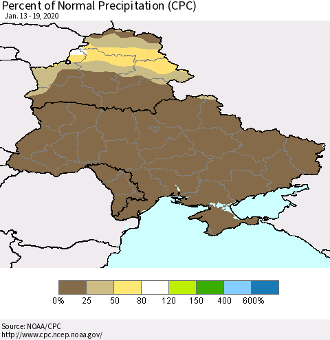 Ukraine, Moldova and Belarus Percent of Normal Precipitation (CPC) Thematic Map For 1/13/2020 - 1/19/2020