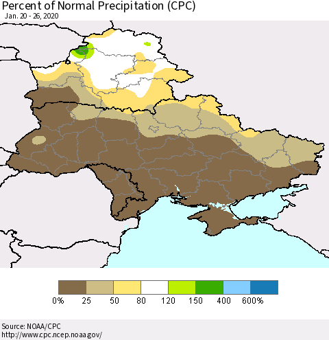 Ukraine, Moldova and Belarus Percent of Normal Precipitation (CPC) Thematic Map For 1/20/2020 - 1/26/2020