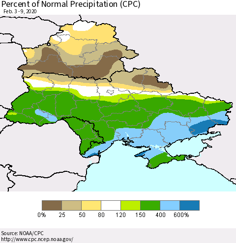 Ukraine, Moldova and Belarus Percent of Normal Precipitation (CPC) Thematic Map For 2/3/2020 - 2/9/2020