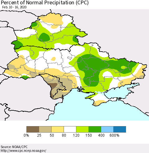 Ukraine, Moldova and Belarus Percent of Normal Precipitation (CPC) Thematic Map For 2/10/2020 - 2/16/2020