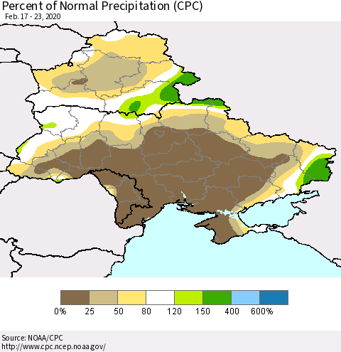Ukraine, Moldova and Belarus Percent of Normal Precipitation (CPC) Thematic Map For 2/17/2020 - 2/23/2020