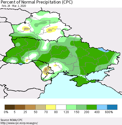 Ukraine, Moldova and Belarus Percent of Normal Precipitation (CPC) Thematic Map For 2/24/2020 - 3/1/2020