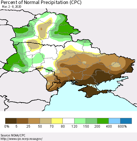 Ukraine, Moldova and Belarus Percent of Normal Precipitation (CPC) Thematic Map For 3/2/2020 - 3/8/2020