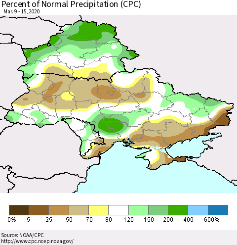 Ukraine, Moldova and Belarus Percent of Normal Precipitation (CPC) Thematic Map For 3/9/2020 - 3/15/2020
