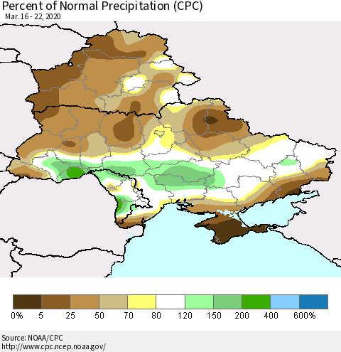 Ukraine, Moldova and Belarus Percent of Normal Precipitation (CPC) Thematic Map For 3/16/2020 - 3/22/2020